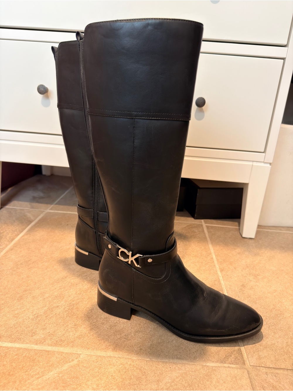 Calvin Klein Black Leather Over-the-Knee Boots with CK Buckle